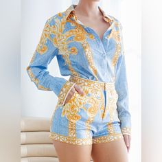 Color: Blue Multi Description: Satin Button-Down Blouse Front Zipper Closure Short Pants Shorts Stretch Material: (Top) 100% Polyester (Pants) 95% Polyester / 5% Spandex Polyester Pants, St Tropez, Dress Gift, Short Set, One Piece Swimwear, Top 100, Short Pants, Short Sets, Front Zipper