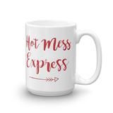 a white coffee mug with the words hot mess express written in red ink on it