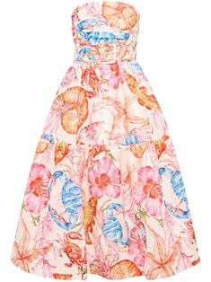 multicolour all-over floral print square neck concealed rear zip fastening belted waist strapless two side inset pockets mid-length straight hem Fish Print Dress, Beaded Fish, White Summer Outfits, Circus Aesthetic, Floral Print Gowns, Fish Dress, Formal Clothing, Midi Dress White, Glamour Nails