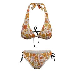 Halter Bikini Set, Two Piece bikini set, Orange Bikini, 70s style, 70s inspired swimsuit, 70s inspired bikini, Women's bikini, Floral Bikini A cute 70s inspired bikini with cute orange and pink floral pattern print. Gorgeous halter top with ties. Matching bikini bottom. A great retro 70s hippie style find. I hope you enjoy this design I created. Beachwear Swimwear With Retro Print For Poolside, Retro Print Swimwear For Beach Season, Retro Print Beachwear Swimwear For Poolside, Adjustable Orange Swimwear For Pool, Adjustable Orange Beachwear Swimwear, Multicolor Retro Swimwear For Beach Party, Retro Print Swimwear For Beach Season Vacation, Retro Multicolor Swimwear For Beach Party, Retro Print Beachwear Swimwear For Vacation