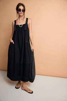 Machu Barrel Midi Dress | Free People Casual Workwear Dress With Adjustable Straps, Casual Work Dresses With Adjustable Straps, Casual Dresses With Adjustable Straps For Work, Workwear Midi Dresses With Adjustable Straps, Midi Length Dresses With Adjustable Straps For Work, Casual Spring Suspender Dress For Work, Casual Black Midi Dress With Pockets, Spring Workwear Pinafore Dress With Pockets, Everyday Spring Dresses With Side Pockets