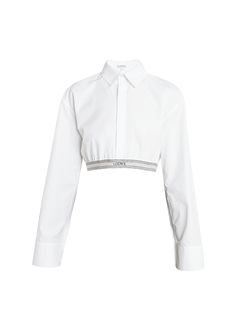 Find LOEWE Button-down Cropped Top With Logo Waistband on Editorialist. Loewe cropped buttondown top features a logo waistband at the hem Spread collar Concealed button front Long sleeves; button cuffs Cropped hem Relaxed fit Cotton/elastane/nylon/polyamide Made in Italy Elegant Fitted Cotton Cropped Shirt, Chic Fitted Cropped Shirt For Daywear, White Fitted Cropped Shirt For Daywear, Fitted Cropped Shirt For Daywear, Luxury Buttoned Tops For Spring, Luxury Spring Tops With Buttons, Cropped Top, A Logo, Button Downs