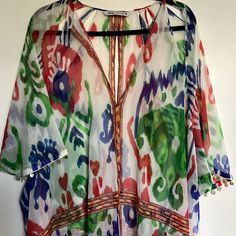 Never Used, Was Sitting In The Closet For A While. Vibrant Multicolor Print Beach Blouse, Vibrant V-neck Blouse For Beach, Vibrant Summer Beach Blouse, Bohemian Multicolor Print Tops For The Beach, Bohemian Multicolor Print Tops For Beach, Multicolor Short Sleeve Cover-up For Festival, Multicolor Tops For Brunch During Beach Season, Vibrant Multicolor Print Blouse For Vacation, Bohemian Multicolor Print Blouse For Summer