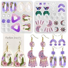 various designs and accessories are shown in this set, including earrings, earring clips, and brooch pins