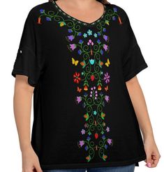 Native Floral Short Sleeve T-shirt Plus Size V-neck women's wear, dropped shoulder style, sleeves can be used with sleeve loops, which can be folded or used as decoration ● Fabric: Jersey(95% polyester and 5% spandex) ● Regular fit ● Short sleeve, short front and long back, with sleeve loops, drop-shoulder ● Care Instruction: machine wash cold with similar colors, do not bleach, tumble dry low, do not iron, do not dry clean. ● This product is made on demand, with no minimum order quantity. The goods are Floral Bucket Hat, Ribbon Skirts, Short Sleeve Shirt Women, Plus Size Black, Women's Wear, Floral Short, Black Bear, Sleeves (women), Drop Shoulder