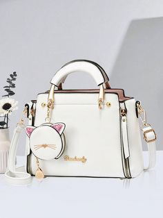 PLANEE Letter Decorated Handbag With Cute Cat Coin Purse, Fashionable Mini Crossbody Bag, Fashionable Shoulder Bag For Women White Elegant,Preppy   PU Leather Animal,Letter,Plain,Plants Dome Bag,Square Bag   Women Bags, size features are:Bust: ,Length: ,Sleeve Length: Hand Bag Design, Cat Coin Purse, Söt Katt, Summer Handbags, Cat Tote, Stylish Shoulder Bag, Design Girl, Purse Styles, Bag Design