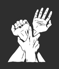 two hands reaching up into the air with one hand raised in front of them, against a black background