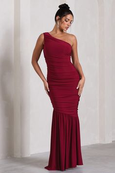 The Limelight Berry Asymmetric Ruched Fishtail Maxi Dress – Club L London - USA Midi Bridesmaid Dress, Fishtail Maxi Dress, Maxi Dresses Uk, Club L London, Velvet Prom Dress, Sleek Bun, Bachelorette Party Outfit, Black Tie Gala, Fishtail Skirt