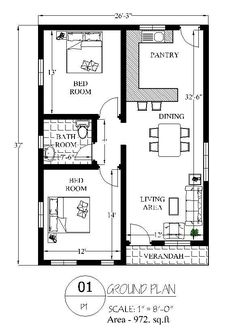 the floor plan for a small house with two bedroom and an attached living room area