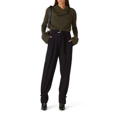 Black crepe (67% Polyester, 29% Viscose, 4% Elastane). Pants. Center front zipper closure with belt. Pockets. 37' from waist to hemline. Inseam: 28". Rise: 14". Leg opening: 18.5". Imported. Chic Belted Bottoms For Fall, Chic Bottoms With Belt For Fall, Belted High-waisted Pants For Fall, Belted Straight Pants For Fall, Office Wear Belted Bottoms For Fall, Belted Pants For Office In Fall, Fall Office Belted Bottoms, Chic Fall Bottoms With Belted Cuffs, Pants With Belt Loops For Fall Workwear