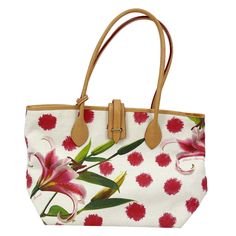 Explore your preppy side with this Dooney and Bourke Cindy Canvas Lilly Bag. Crafted from canvas and leather, this limited edition tote is a must-have in pink, white, and green color scheme. * Brand: Dooney and Bourke * Color: Pink, White, Green * Size: H 11" x W 7" x L 13.5"; Strap drop length: 8.75" * Style: Bright, Preppy, Canvas Tote, Limited Edition * For: Womens * Material: Canvas, Leather Features: * Bright, Preppy, Canvas Tote, Limited Edition Size: Womens H 11" x W 7" x L 13.5"; Strap drop length: 8.75". Condition: Pre-Owned Like New Coated Canvas Bag With Removable Pouch For Errands, Coated Canvas Bag For Errands, Pink Satchel Bag With Leather Trim, Coated Canvas Satchel Bag For Errands, Pink Leather-trimmed Satchel Bag, Designer Coated Canvas Bag For Everyday Use, Designer Canvas Bags With Canvas Lining, Designer Travel Canvas Bag With Canvas Lining, Designer Bag With Coated Canvas And Canvas Lining