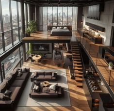 an aerial view of a living room and bedroom area in a high rise building with floor to ceiling windows