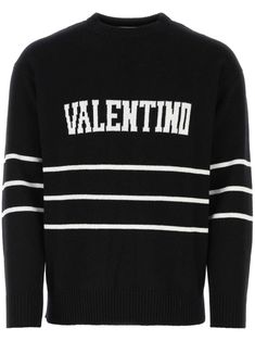 Valentino Ready To Wear black/white virgin wool intarsia-knit logo stripe detailing knitted construction crew neck long sleeves ribbed-knit edge The full look includes Valentino Garavani accessories. Luxury Crew Neck Sweater With Logo Detail, Luxury Winter Sweater With Logo Print, Designer Winter Sweater With Logo Detail, Luxury Logo Print Sweater For Winter, Classic Black Sweater With Logo Print, Winter Sweater With Signature Stripes And Long Sleeves, Black Embroidered Logo Sweater For Winter, Black Sweater With Embroidered Logo For Winter, Black Winter Sweater With Embroidered Logo