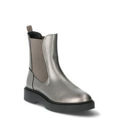 No Boundaries Women's Chelsea Boots, the coolest shoe trend you can practically walk for miles in! These faux leather boots are return as a classic for every fashion lovers wardrobe. Whether you're hanging out in the city or just running errands, these boots are your go-to for chic comfort. With their timeless Chelsea boot silhouette and trendy details, like side gore panels and a sleek, ankle-length design, they're perfect for any occasion. Only at Walmart. Size: 11.  Color: Gray.  Gender: fema Flat Chelsea Boots, Boot Silhouette, Shoe Trend, Chelsea Boots Women, Faux Leather Boots, Silver Shoes, Chunky Boots, Chelsea Boot, No Boundaries