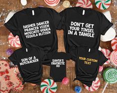 Get ready for the holiday season with our custom Christmas quotes shirts! These delightful Christmas quotes tees offer a fun and stylish way to showcase your holiday spirit, whether at a family gathering or a Christmas party. Made from comfortable materials, our funny Christmas tees are perfect for matching family tees or group tees, making it easy to coordinate with loved ones. Choose from a variety of designs, including our popular "most likely to" shirt and "dear Santa" shirts, to add some laughter to your Christmas pajamas or sweatshirts. Celebrate the season in style with these charming Xmas family shirts that everyone will love! - Superior quality, supple, cozy, and fashionable t-shirts and sweatshirts! We expertly apply the designs on the objects using a heat press after preparing t Customizable Christmas T-shirt, Customizable Short Sleeve Christmas Tops, Casual Customizable Christmas Tops, Casual Christmas Tops With Customizable Details, Casual Customizable Tops For Christmas, Customizable Christmas Gift Tops, Christmas Gift Tops With Funny Text, Funny Text Top For Christmas Gift, Christmas Funny Text Top As Gift