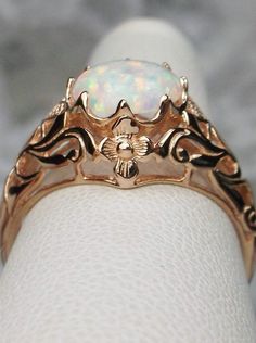 Opal ring, Rose gold over sterling silver floral filigree, daisy design #D66 Ornate Rose Gold Jewelry With Intricate Design, Ornate Rose Gold Filigree Jewelry, Vintage Rose Gold Jewelry With Intricate Design, Classic Rose Gold Rings With Intricate Design, Rose Gold Filigree Promise Ring, Victorian Rose Gold Jewelry With Intricate Design, Classic Rose Gold Jewelry With Intricate Design, Antique Rose Gold Promise Ring, Ornate Hallmarked Rose Gold Jewelry