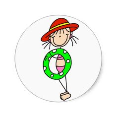 a sticker with a girl in a red hat holding a green life preserver