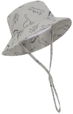 a child's hat with dinosaurs on the front and side, in grey color