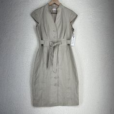 Nwt Calvin Klein Khaki Belted Tiewaist Womens Career Dress Size 4 Safari Midi Fitted Beige Belted Midi Dress, Calvin Klein Spring Workwear Midi Dress, Calvin Klein Spring Midi Dress For Work, Calvin Klein Spring Dresses With Button Closure, Spring Calvin Klein Dress With Button Closure, Classic Fitted Dress With Tie Waist, Classic Fitted Midi Dress With Tie Waist, Calvin Klein Belted Knee-length Dress, Calvin Klein Knee-length Belted Dress