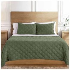 Size: Full/Queen Quilt Dimensions: 90" x 92" Sham Dimensions: 20" x 26" Color: Olive Green Shell Content: 100% Polyester Fill Content: 100% Polyester Quantity: 1 Quilt & 2 Shams Care: Machine Wash Cold, Gentle Cycle Only Non-Chlorine Bleach When Needed Tumble Dry, Low Heat Low Iron If Needed Unwind in comfort and style with this Stonewash Quilt Set! Made with polyester fibers, this three-piece set is lightweight and has a soft exterior. Its classic quilt pattern will add casual elegance to any r Quilt Dimensions, Textured Pillows, Classic Quilts, Green Quilt, Pillow Texture, King Quilt, Quilt Set, Queen Quilt, Low Iron