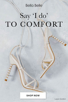 a pair of white high heeled shoes with pearls on the ankle and heels that say, say i do to comfort