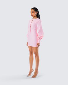 Respectfully boss them around in this pink mini dress 😌 With a bodycon fit, boning at the torso, and seven front buttons, this dress made from comfort stretch fabric will have them following all your orders 💕 Mini Bodycon Dress With Buttons, Mini Length Bodycon Dress With Buttons, Pink Mini Dress For Formal Occasions, Fitted Denim Mini Dress With Buttons, Fitted Mini Dress With Buttons, Fitted Asymmetrical Mini Dress For Work, Pink Mini Length Bodycon Dress, Spring Bodycon Mini Dress With Buttons, Chic Pink Bodycon Mini Dress