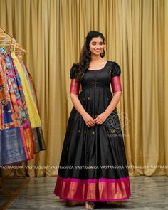 Traditional Frock Designs For Women, Sarees Long Frock, Saree Dress Neck Design, Pattupavada Neck Designs, New Designer Gown, Traditional Maxi Dress Indian, Long Frocks With Sarees Pattu, Pattu Frock Designs For Women