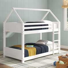 a white bunk bed in a room with blue walls