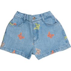 Introducing the Burbank Kids' Shorts denim delights adorned with colorful butterfly embroidery. These shorts, featuring playful pockets, effortlessly complete the entire Burbank set. The vibrant butterfly details add a whimsical touch to the classic denim, ensuring style and convenience. Perfectly coordinated for versatility, the Burbank Shorts are a delightful addition to your child's wardrobe, seamlessly blending fashion and comfort in every colorful stitch. Elevate their style with this charming set, where playfulness meets timeless design. | The New Society | Burbank Butterfly Embroidered Denim Short Shoes, (Blue, Size 16Y) | Maisonette collects the best children’s products from around the world (unlike Zulily, Etsy, The Tot, Farfetch Kids, Childrensalon, Crate and Kids, Kohls, Wayfair Playful Denim Blue Jeans For Summer, Playful Denim Blue Bottoms For Spring, Casual Butterfly Print Bottoms For Summer, Casual Bottoms With Butterfly Embroidery For Spring, Casual Summer Bottoms With Butterfly Print, Casual Embroidered Jeans For Summer, Playful Summer Jeans With Pockets, Cute Embroidered Spring Jeans, Summer Cotton Bottoms With Butterfly Print