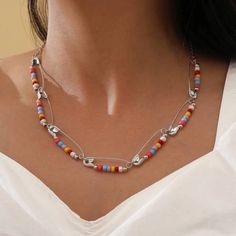 This Colorful Beaded Safety Pins Necklace Is A Wonderful Addition To Your Wardrobe And Your Style! This Unique Piece Is Sure To Get Lots Of Compliments! Casual Multicolor Necklaces For Party, Diy Kandi Bracelets, Safety Pin Jewelry, Necklace For Women Gold, Buckle Necklace, Egirl Clothes, Y2k Jewelry, E Girl, Clothes Aesthetic