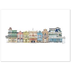 a watercolor drawing of a row of buildings on a white background with blue trim