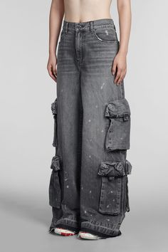 Jeans in grey cotton, button and zip closure, high waist, five pockets, cargo pockets, baggy fit, 100% cotton, Made in Usa, Model is 180 cm and wears size 26 | AMIRI Women's Jeans in Grey Cotton | FW23/24 Amiri Jeans Women, High Rise Washed Black Cargo Jeans With Side Pockets, Oversized Wide Leg Cargo Jeans With Pockets, Washed Black High Rise Utility Cargo Jeans, Gray Cotton Utility Cargo Pants, Gray Cotton Utility Cargo Jeans, High Waist Washed Black Cargo Pants With Pockets, Baggy Gray Cargo Pants With Pockets, High Rise Gray Cargo Bottoms