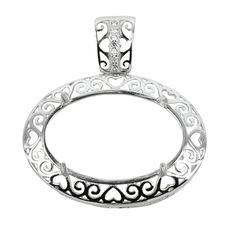 This elegant oval sterling silver pendant setting features delicate hearts and rococo filigree elements in the wide frame. Incorporates a soldered loop and Cubic Zirconias set into the decorative bail. The setting size is suitable for 18mm x 26mm oval cabochons or cut stones. This piece is a popular choice for many jewelers, jewelry designers and artists to add beautiful and a true statement piece to their designs. Bail will accept chain/cording thicknesses up to 5mm. This pendant setting is 34mm x 32mm, has a setting size for a 18mm x 26mm oval cabochon/cut  stone, and weighs 3.73 grams. View our other Etsy listings for more settings and bails available in various stone sizes and dimensions.  Visit our core website, https://silviafindings.com for thousands more jewelry findings, beads, an Luxury Engraved Oval Cabochon Jewelry, Palm Tree Pendant, Pear Pendant, Tiny Pendant, Jewelry Designers, Oval Pendant, Silver Pieces, Beading Supplies, Drop Pendant