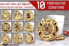 firefighter coasters are shown with their logos on them and in front of the mug