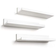 three white shelves are shown against a white background