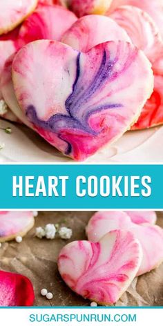 heart shaped cookies with pink and blue swirled icing on top, next to the recipe