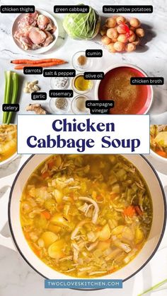 chicken cabbage soup in a white bowl with the words chicken cabbage soup above it and other ingredients