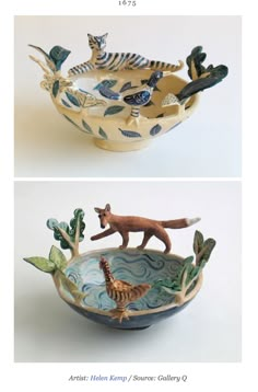 two different bowls with animals in them on the bottom and one is made out of ceramic