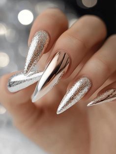 Jingle and sparkle all the way with enchanting Christmas coffin nails! Choose from 23 captivating designs that will have everyone feeling the spirit of the season. From glittering ornament-inspired tips to cozy sweater patterns, these long, elegant nails are perfect for celebrating in style. Let your fingertips dance with holiday joy! Christmas And New Year Nails Glitter, New Year Inspired Nails, Chrome Nails Holiday, Holiday Coffin Nail Designs, Christmas Nails Classy Elegant, Christmas Glam Nails, Christmas Nails 2025, New Year’s Eve Nail Inspired, New Year Eve Nails Ideas