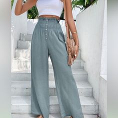 No Tags Brand New Wide Leg Pants Relaxed Fit Bottoms With Button Closure For Beach, Casual Vacation Bottoms With Button Closure, Relaxed Fit Beach Bottoms With Button Closure, Casual Bottoms With Button Closure For Vacation, High Rise Pants With Button Closure For Summer, Beach Bottoms With Button Closure And Relaxed Fit, Chic High Rise Vacation Bottoms, Casual High Rise Wide Leg Pants For Summer, Casual Summer Wide Leg Pants With Button Closure