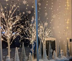 snow covered trees are displayed in front of a glass window with white lights and snowflakes on them