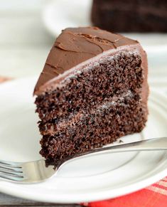 a slice of chocolate cake on a plate with a fork