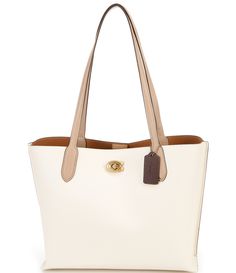 From COACH&#x2C; the Willow Colorblock Pebble Leather Tote Bag features:Polished pebble leatherTurnlock and magnetic snap closuresCenter zip compartmentDouble handlesFour protective feet at baseApprox. 13.5" L x 10.75" H x 5.75" W bag; 11.5" handle dropImported. White Pebbled Leather Bag With Gold-tone Hardware, Coach Coated Canvas Bags For Work, Elegant White Bags With Snap Closure, Modern White Pebbled Leather Bag, Coach Canvas Bag With Leather Trim, Coach Bags With Leather Trim And Coated Canvas, Coach Coated Canvas Shoulder Bag For Work, White Pebbled Leather Shoulder Bag, Cream Pebbled Leather Bag For Daily Use