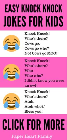 a pink poster with the words, easy knock jokes for kids and an emo face