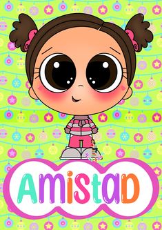 an animated girl with big eyes and the word amistop on it's side