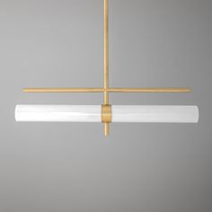 a modern light fixture with two white glass tubes hanging from it's brass frame