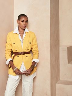 Honeycomb Captain's Blazer | Banana Republic Yellow Blazer Outfit, Sharp Shoulders, Spring Business Casual, Yellow Umbrella, Yellow Blazer, Defined Waist, Peak Lapel, Classic Blazer, Tailored Blazer