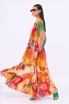 Multicolor dress with floral print and balloon sleeves. - Aza Fashions