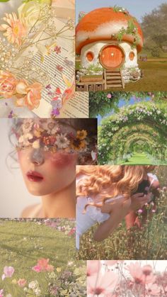 a collage of images with flowers and trees