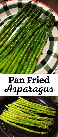 pan fried asparagus on a black and white plate with the title above it